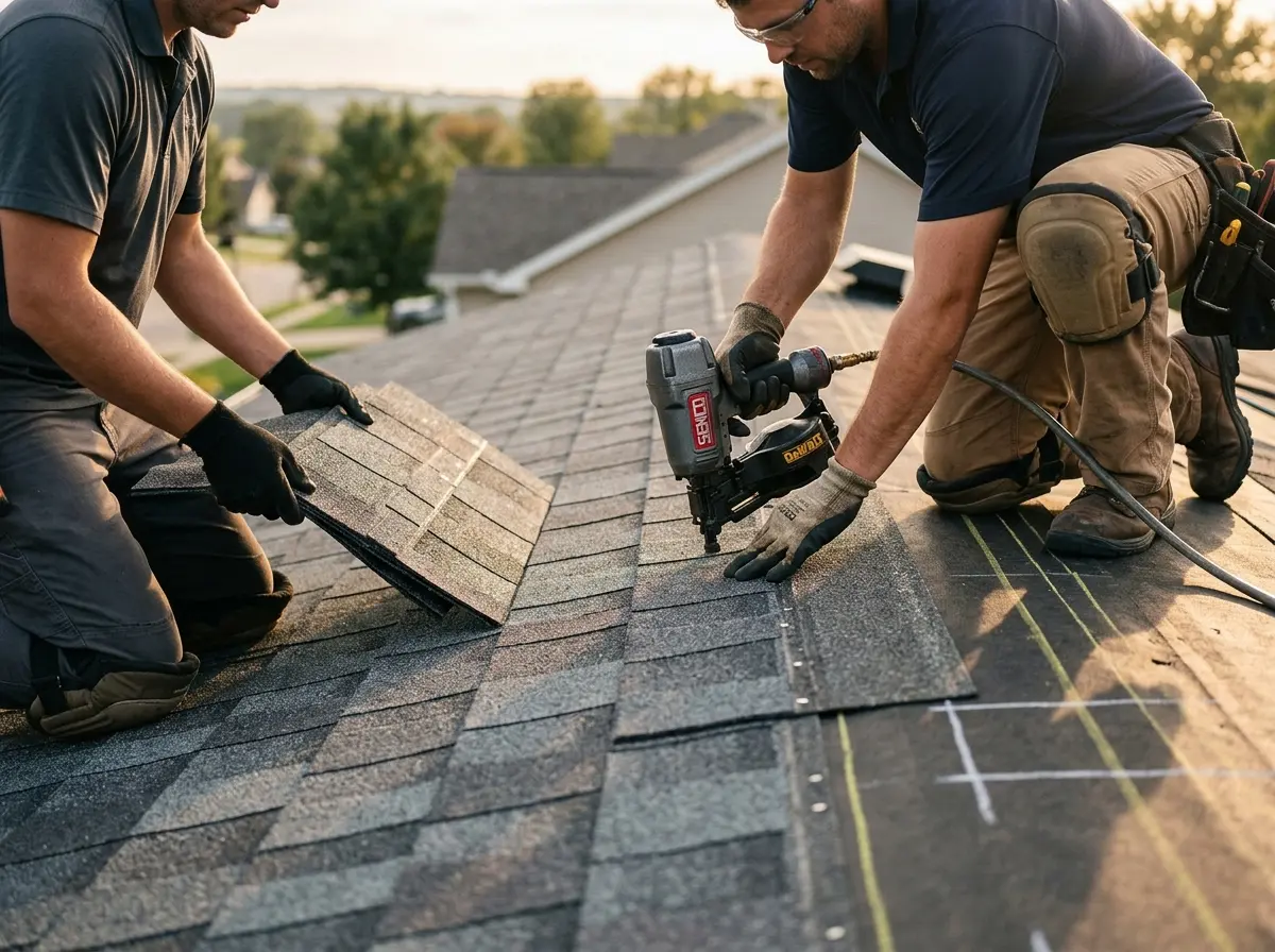 Professional roofer working on a residential roof in Fair Oaks